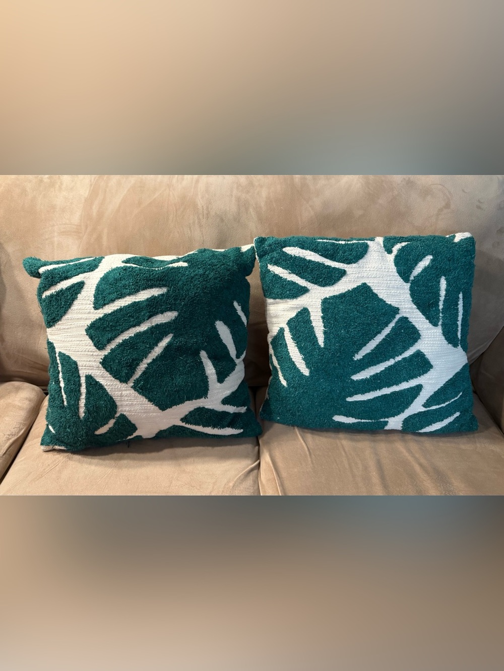 Pair of Urban Outfitters Crewel Palms Monstera Leaf Embroidered Pillows